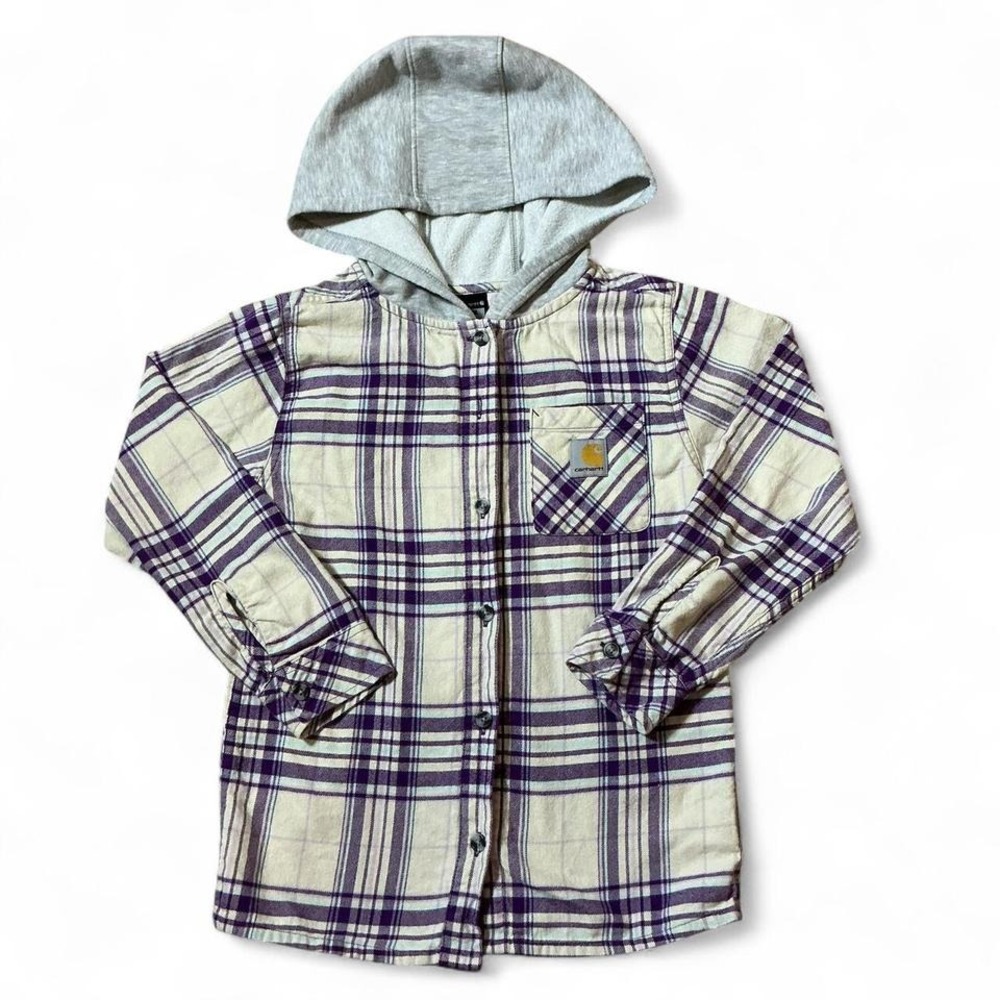 Carhartt Kids Plaid Flannel Hoodie Shirt Long Sleeve‎ Purple Cream M 10